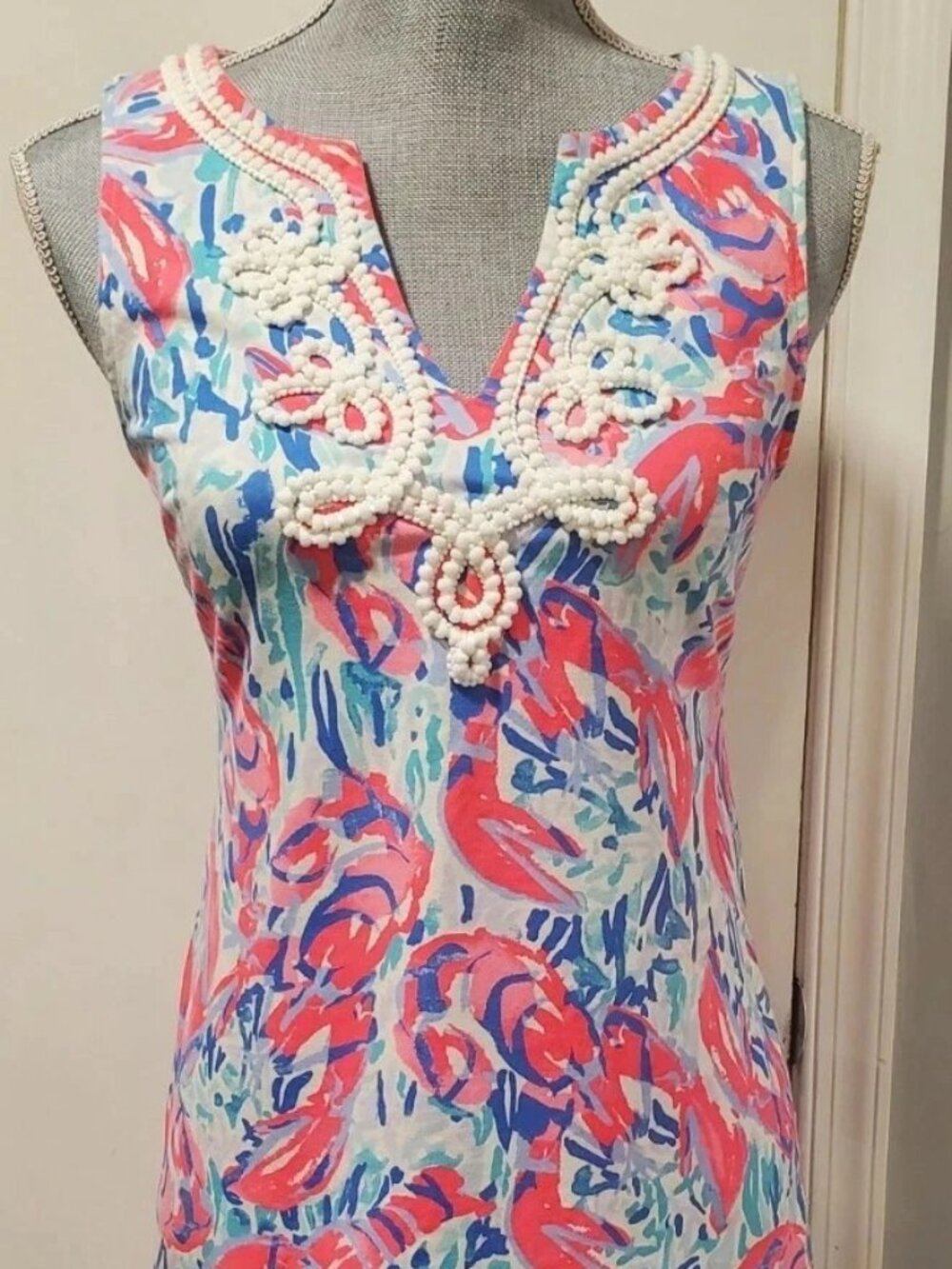 Lilly Pulitzer Harper Shift Dress XS Cosmic Coral Cracked Up Lobster Beaded 0099